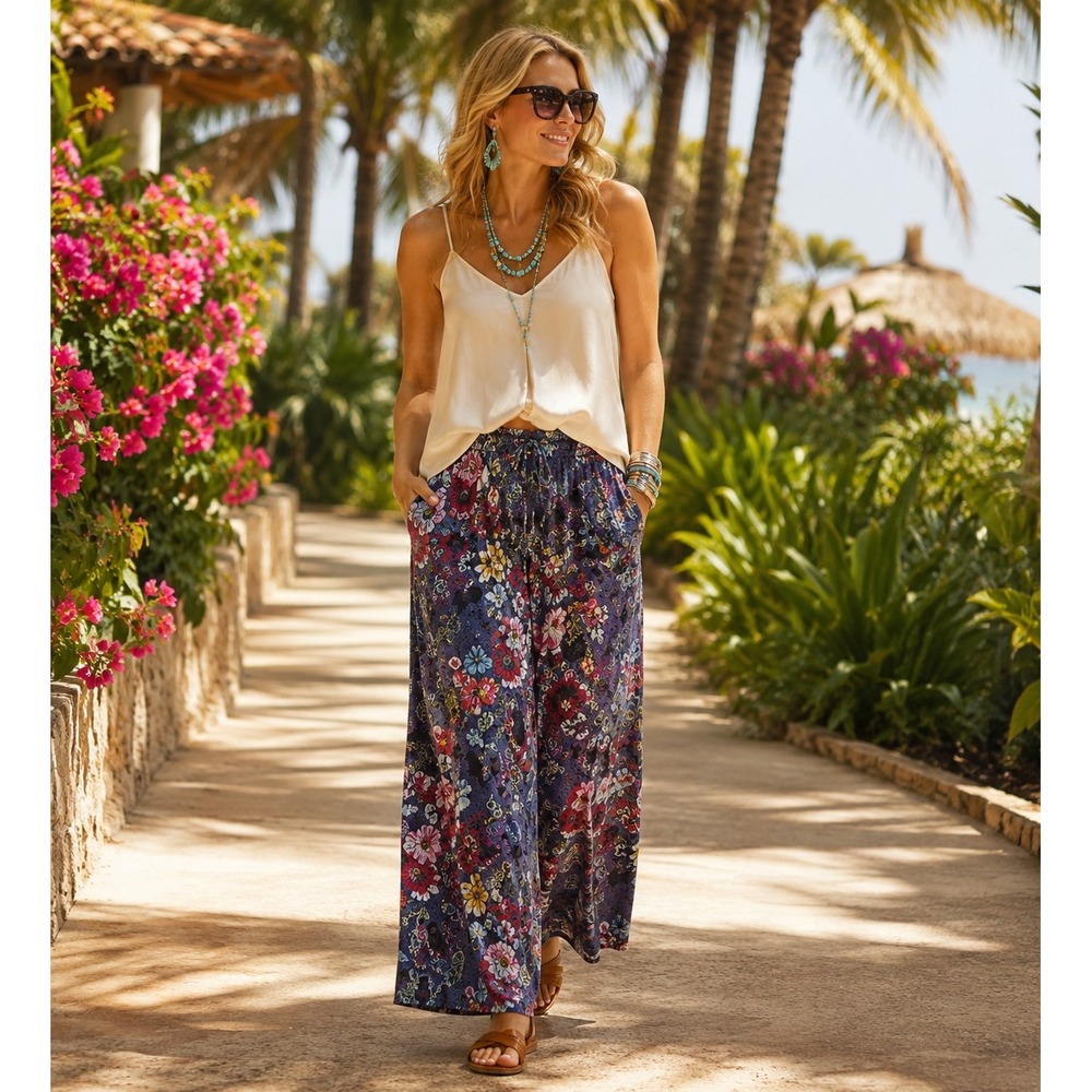 Johnny Was Women's Large Wide Leg Palazzo Pants Floral Boho Lounge Resort